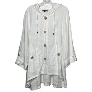 For Cynthia Linen Hooded Jacket Asymmetric Hem Button Down White Lagenlook Sz 1X